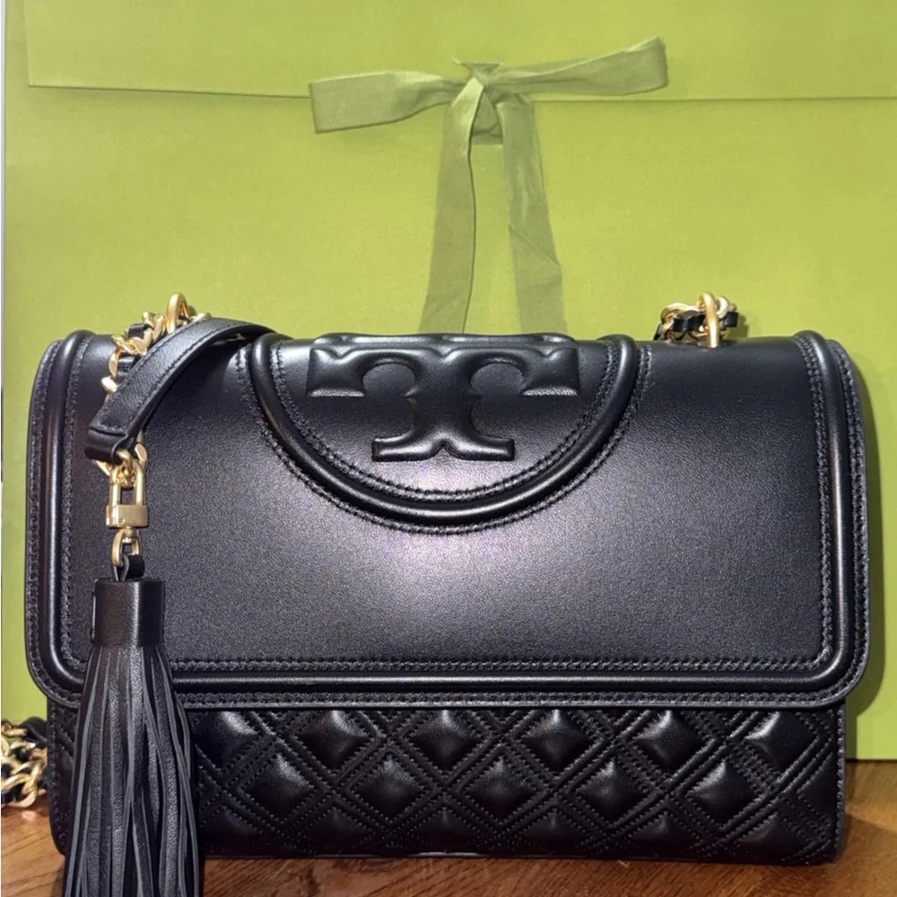 Tory Burch Black Quilted Fleming Convertible Leather Shoulder Bag Gold Chain NWT
